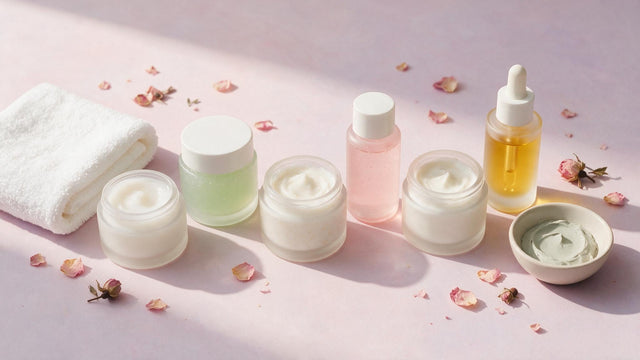 Six-step at-home facial ritual laid out on a pink surface with a towel, clay bowl and rose petals