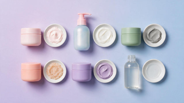 Six-step facial kit explained, six skincare containers with their cream, clay, scrub, mask and toner textures