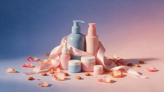 Complete facial kit for glowing skin in Pakistan, six pastel skincare bottles with rose petals and almonds