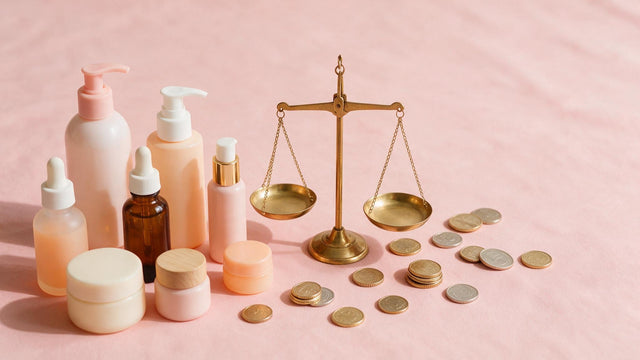 Facial kit price in Pakistan illustrated by pastel skincare bottles beside a brass balance scale and coins