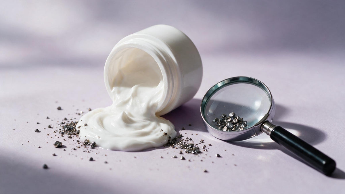 Spilled fairness cream jar with metallic granules under a magnifying glass, illustrating mercury contamination testing