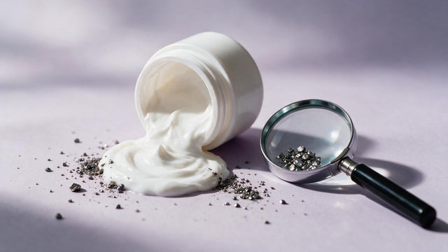 Spilled fairness cream jar with metallic granules under a magnifying glass, illustrating mercury contamination testing