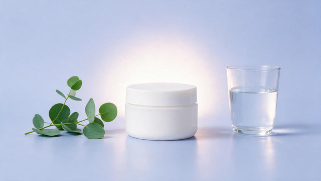 Mercury-free skincare in Pakistan, a plain white cream jar beside fresh green botanicals and clear water