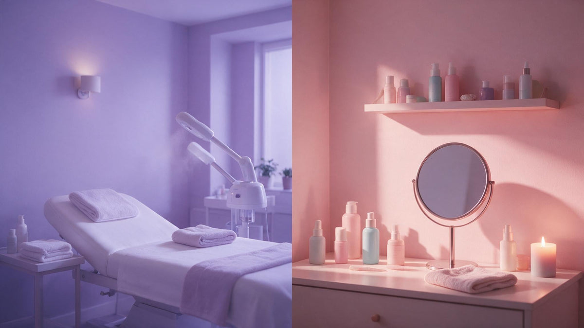 Parlour facial room with treatment bed and steamer beside a home vanity set up for a facial at home