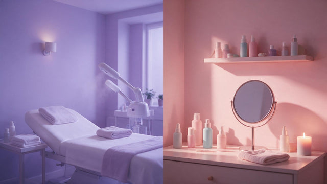 Parlour facial room with treatment bed and steamer beside a home vanity set up for a facial at home