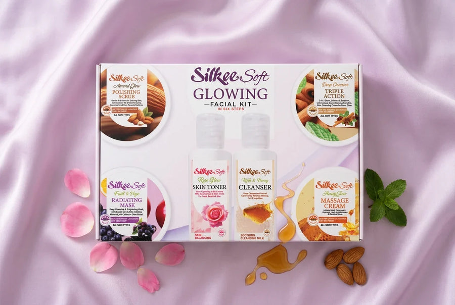 Silkee Soft Glowing Facial Kit styled with honey, roses and almonds