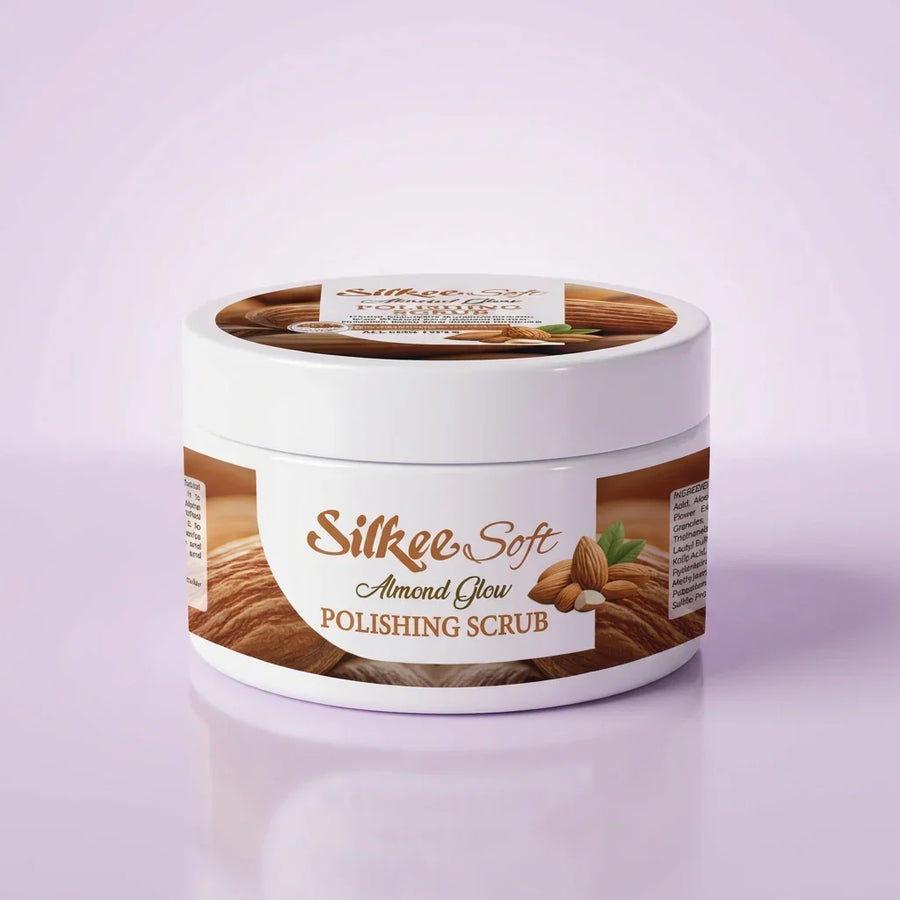 Silkee Soft Almond Glow Polishing Scrub jar — gentle almond face scrub, Pakistan