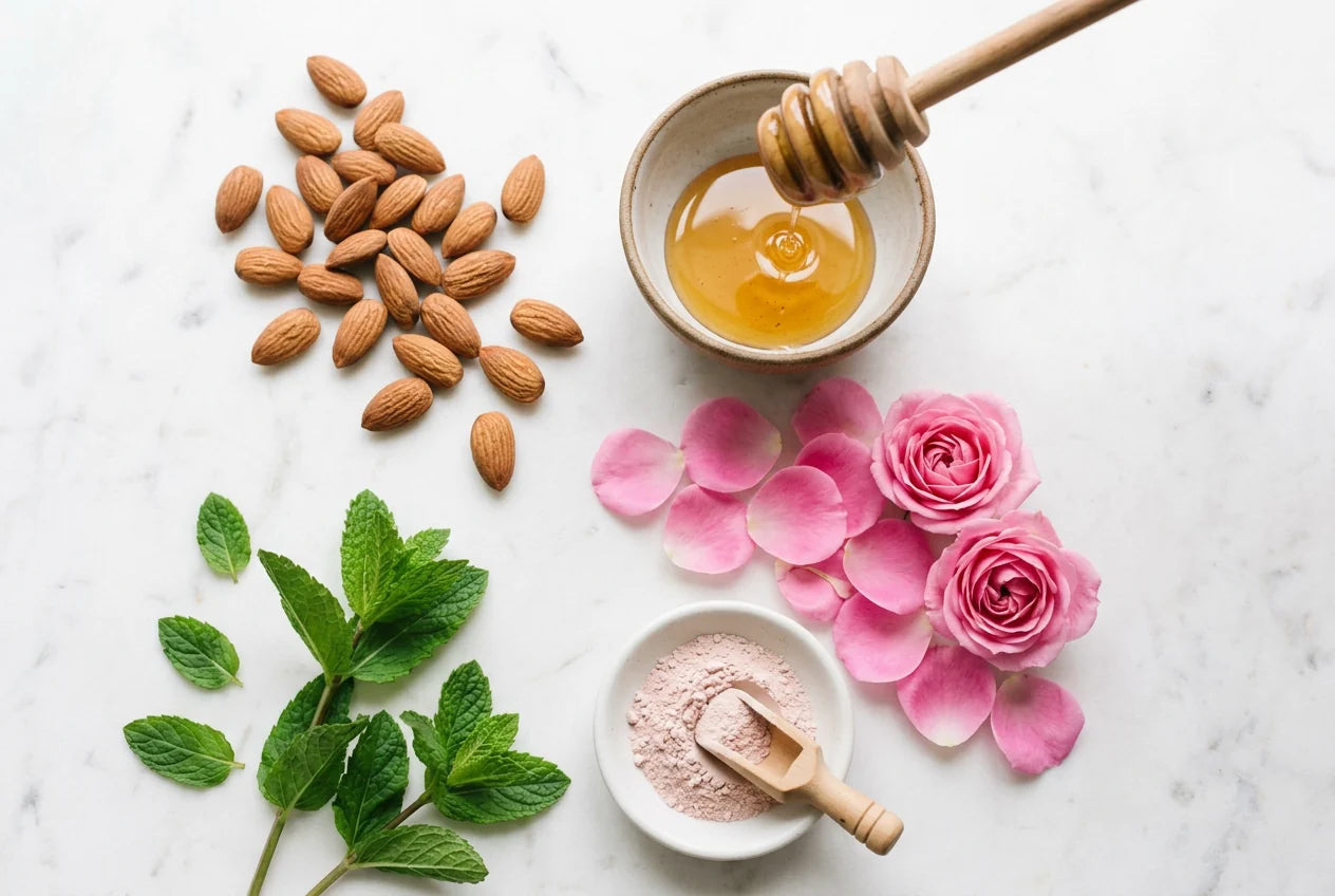 Natural ingredients behind Silkee Soft — honey, almond, rose, mint and clay