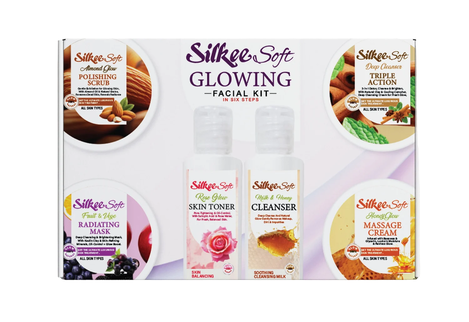 Silkee Soft 6-Step Glowing Facial Kit box with all six products